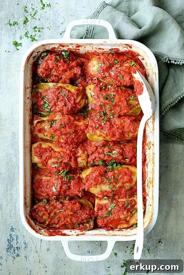 Spicy Italian Stuffed Cabbage in white rectangular baking dish.