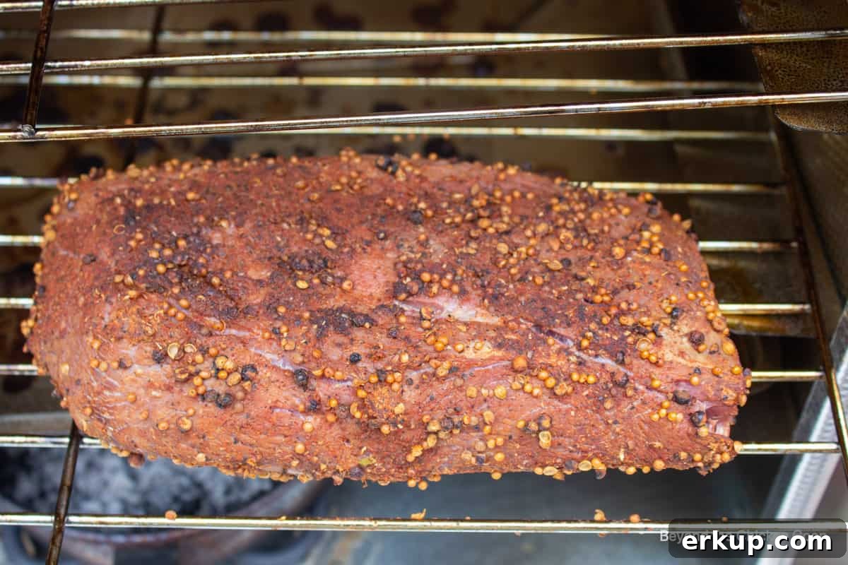 Venison roast smoked in a smoker.