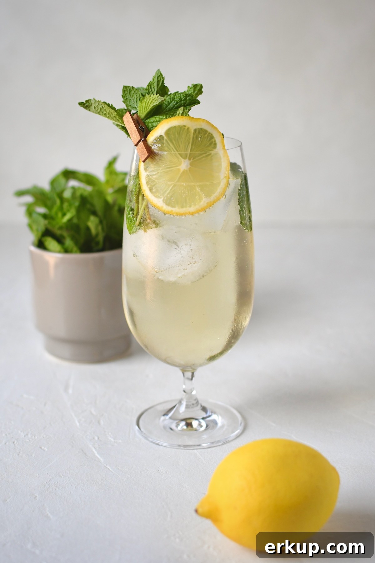 In a large glass, a Hugo Spritz Cocktail, garnished with lemon wheel and mint sprigs.