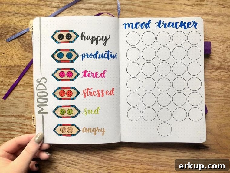 25 Creative Bullet Journal Mood Tracker Ideas 16 Mood Tracker with Sewing Buttons Key