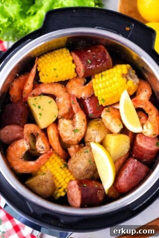 Overhead shot of instant pot shrimp boil.