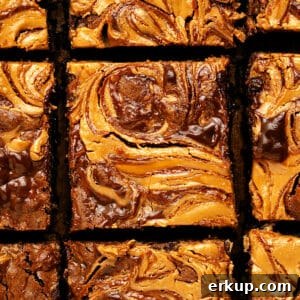 Flat lay of loaded swirled brownie squares.