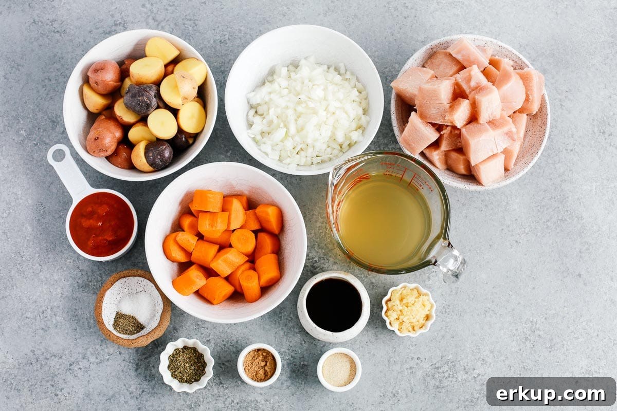 bowls of ingredients to make a chicken stew recipe
