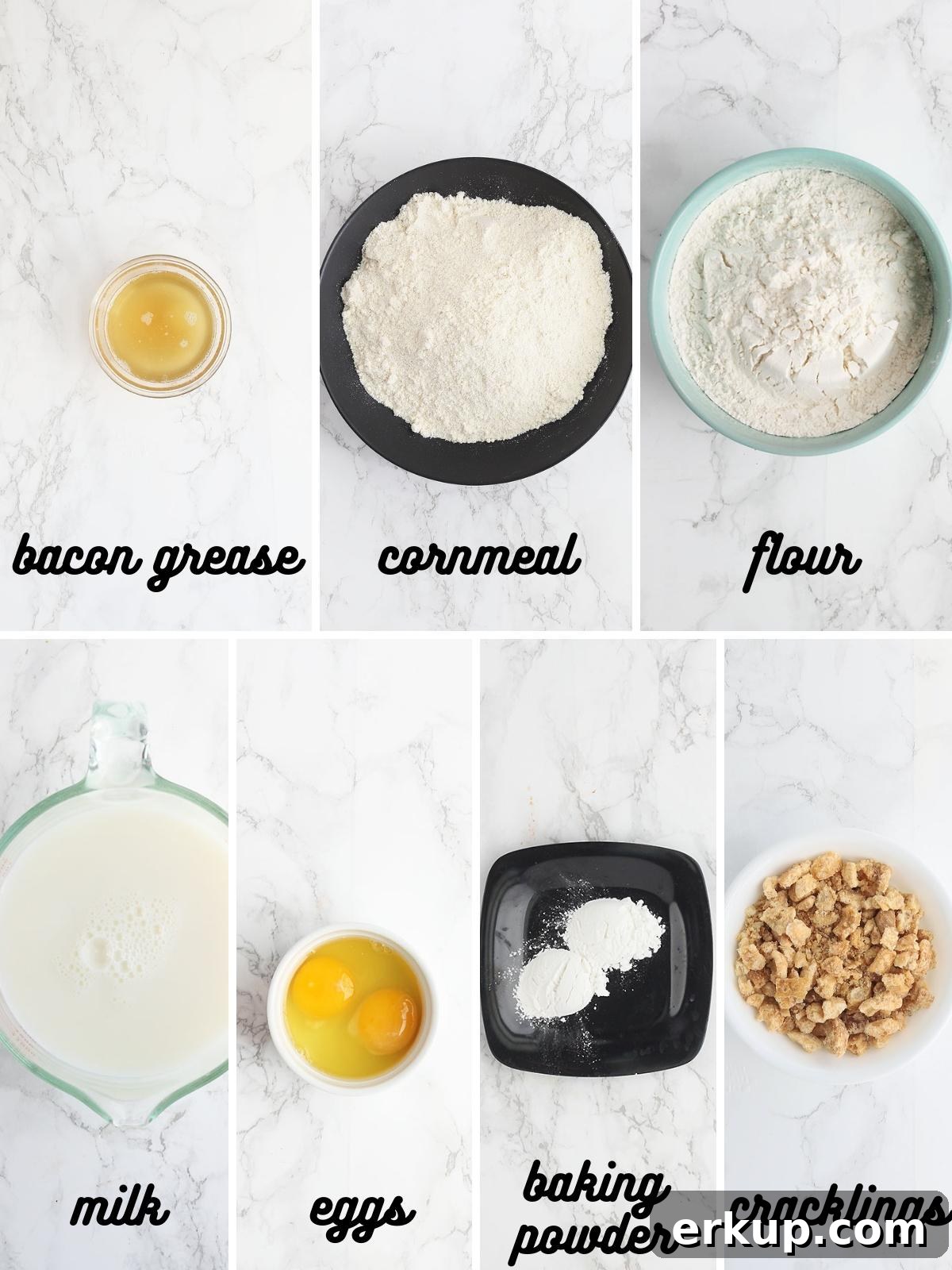 Cracklin' cornbread ingredients include bacon grease, self-rising white cornmeal, all-pupose flour, milk, eggs, baking powder, and pork cracklings