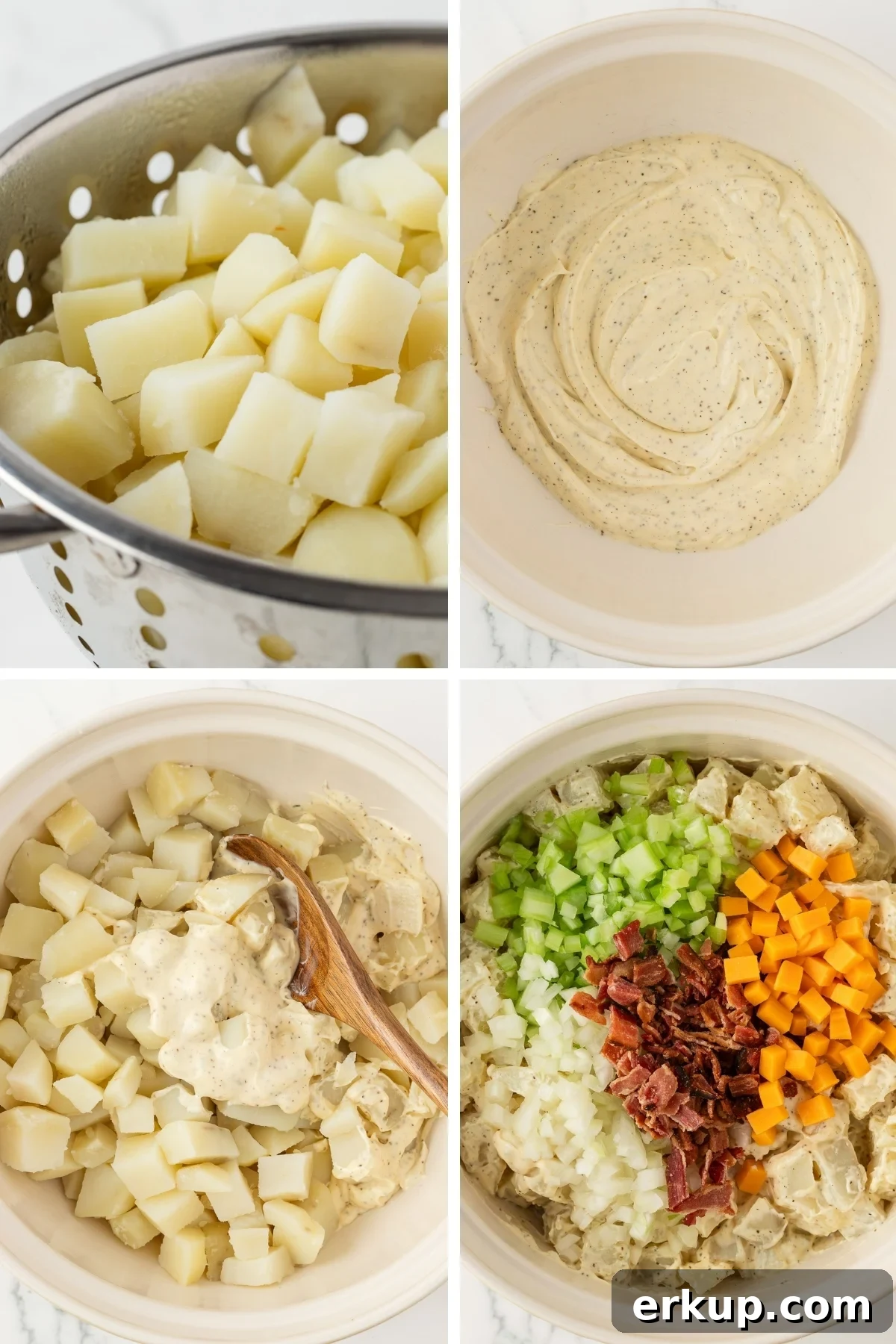boiled potatoes being mixed with creamy salad dressing, cheese, bacon and veggies