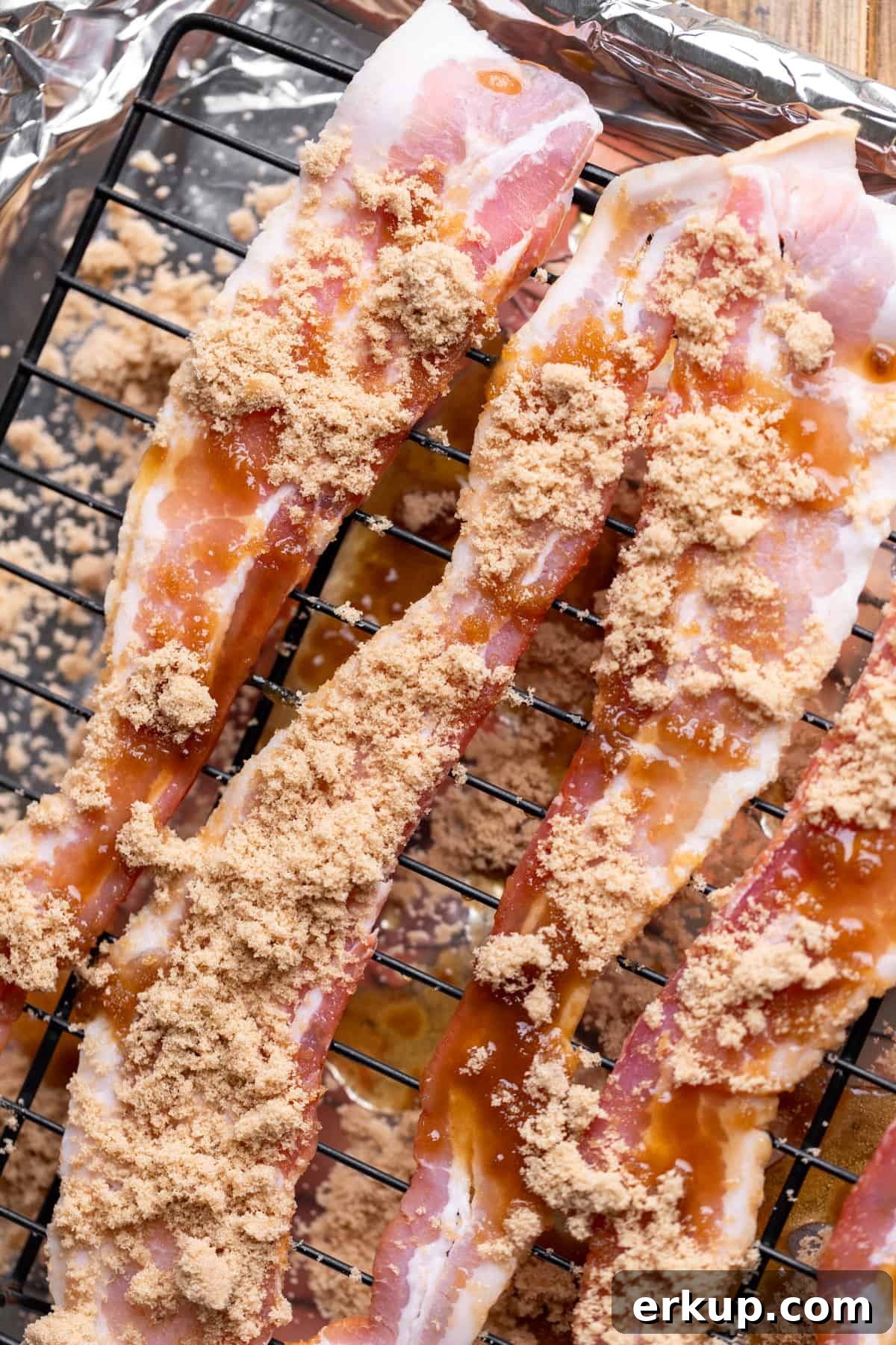 Maple Bacon Cupcakes with Candied Bacon 8 Raw bacon on a cookie sheet.