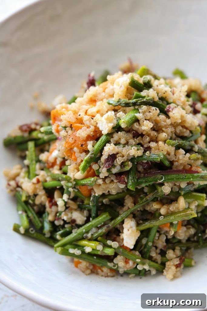 warm quinoa roasted asparagus and peppers plated in bowl