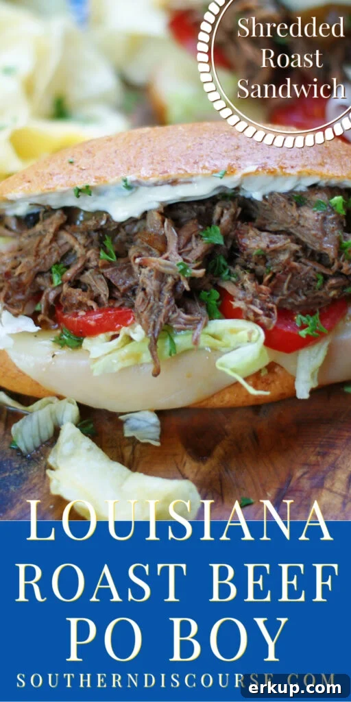 A Roast Beef Po Boy is a Louisiana favorite, chock full of rich, fall-apart beef roast bathed in its own debris gravy, wrapped in crispy, light French bread and dressed to the nines with creamy horseradish, lettuce, tomatoes and Provolone cheese.