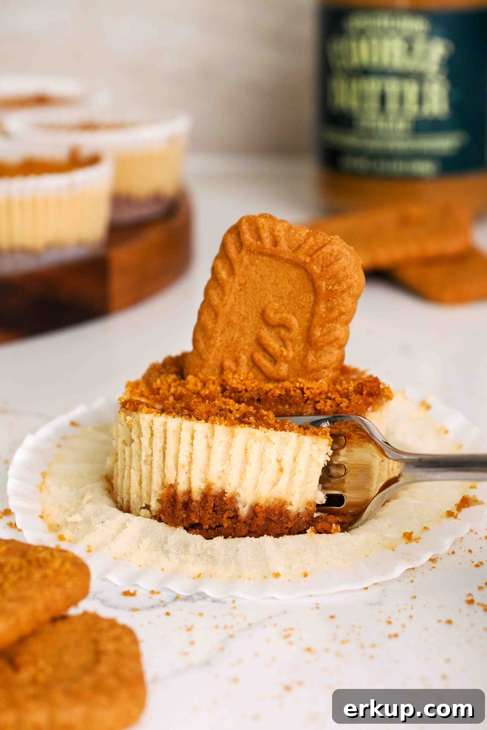 A fork cuts into a mini Biscoff cheesecake on a counter.