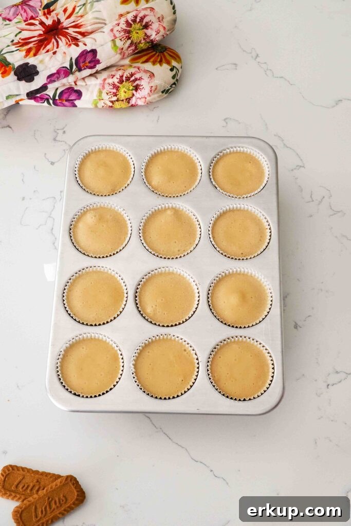 Baked Biscoff cheesecakes cooling on a quartz counter.