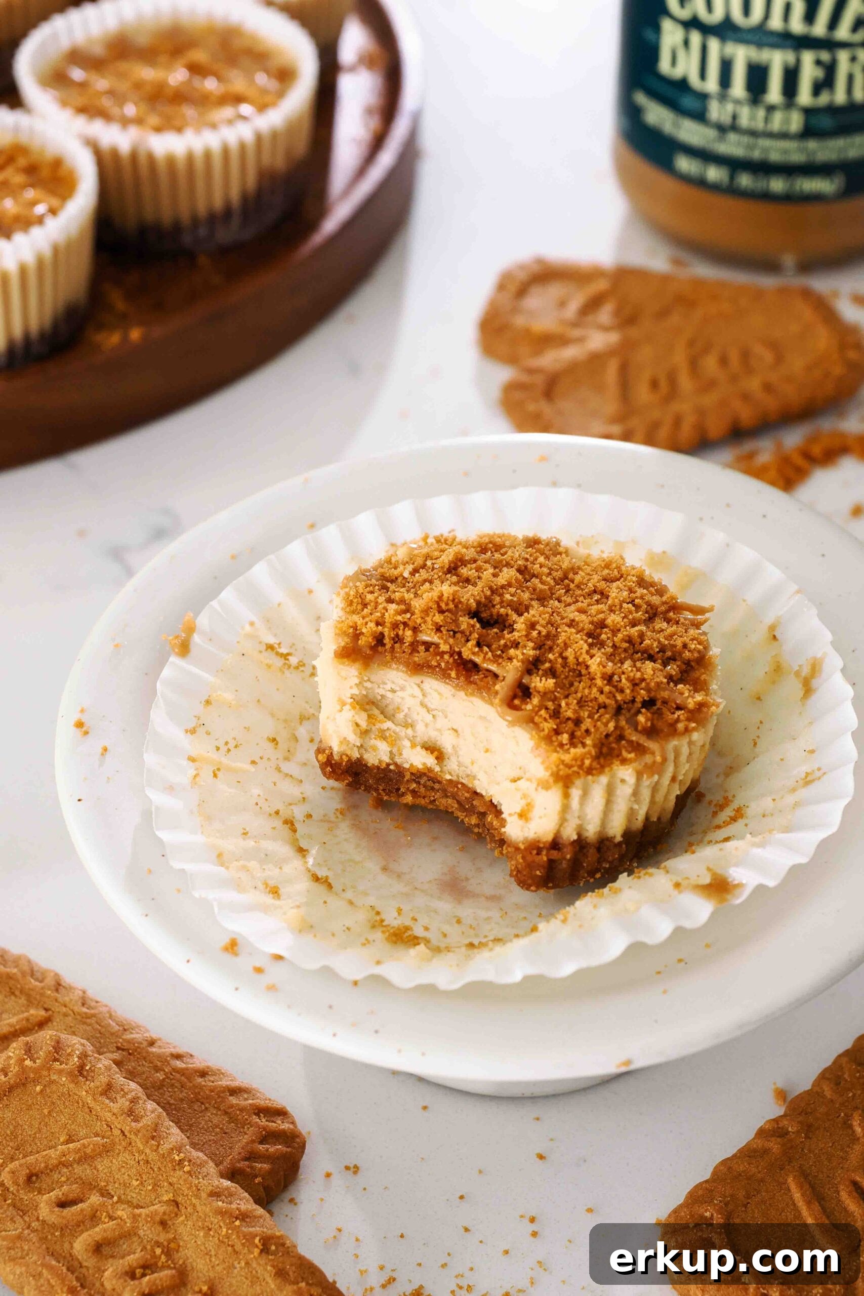 A bite is missing from a mini Biscoff cheesecake on a small platter.