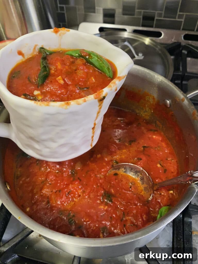 Gravy boat full of sugo recipe over pot of tomato basil sauce.