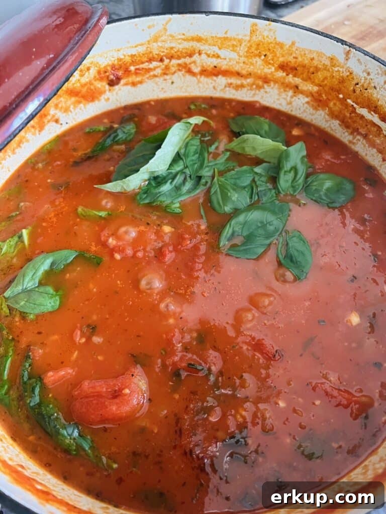 Pot of sugo recipe topped off with fresh basil leaves.