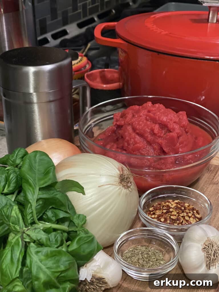 Ingredients for the tomato basil sugo recipe.