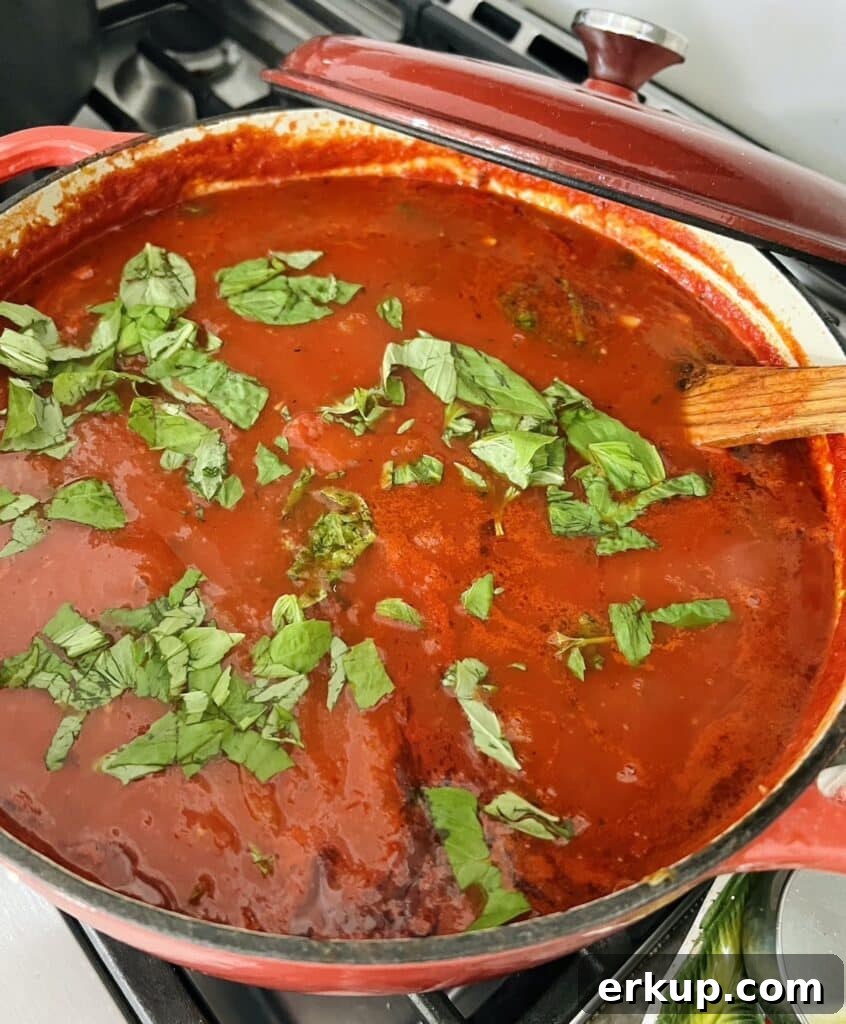 Pot of sugo recipe topped off with fresh basil leaves.