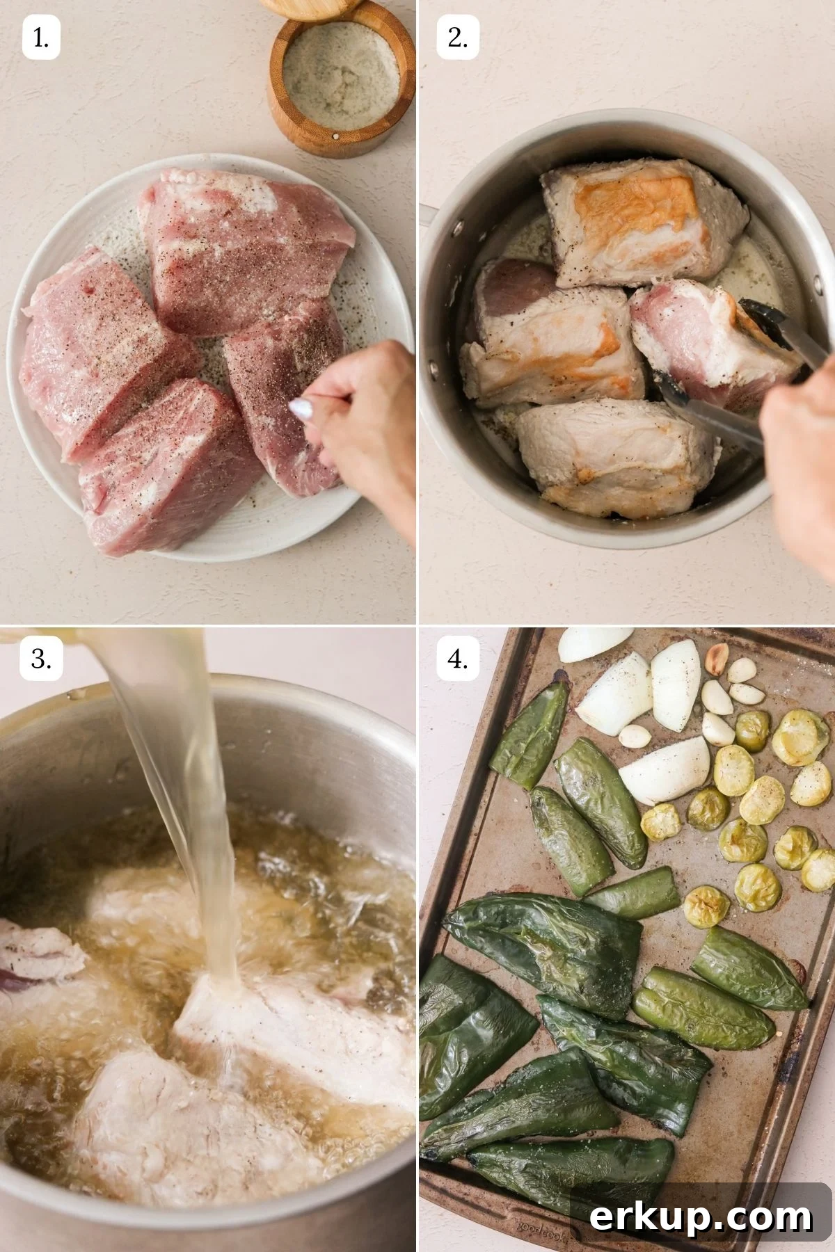Visual steps showing how to roast vegetables and sear pork for pozole verde.