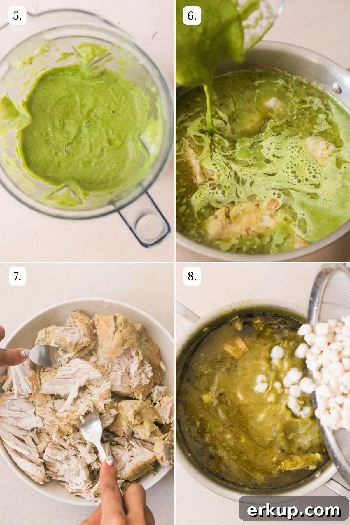 Steps showing blending of green salsa and simmering shredded pork with hominy