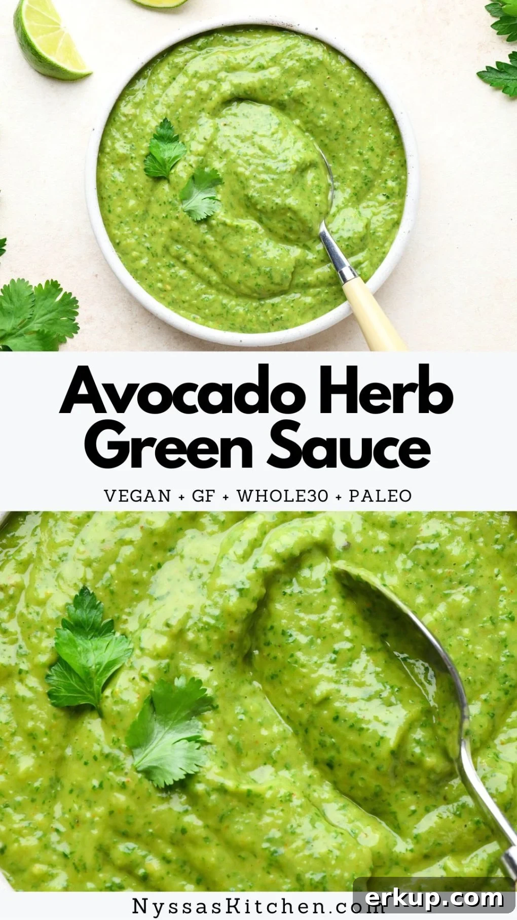 Pinterest pin for avocado herb green sauce.