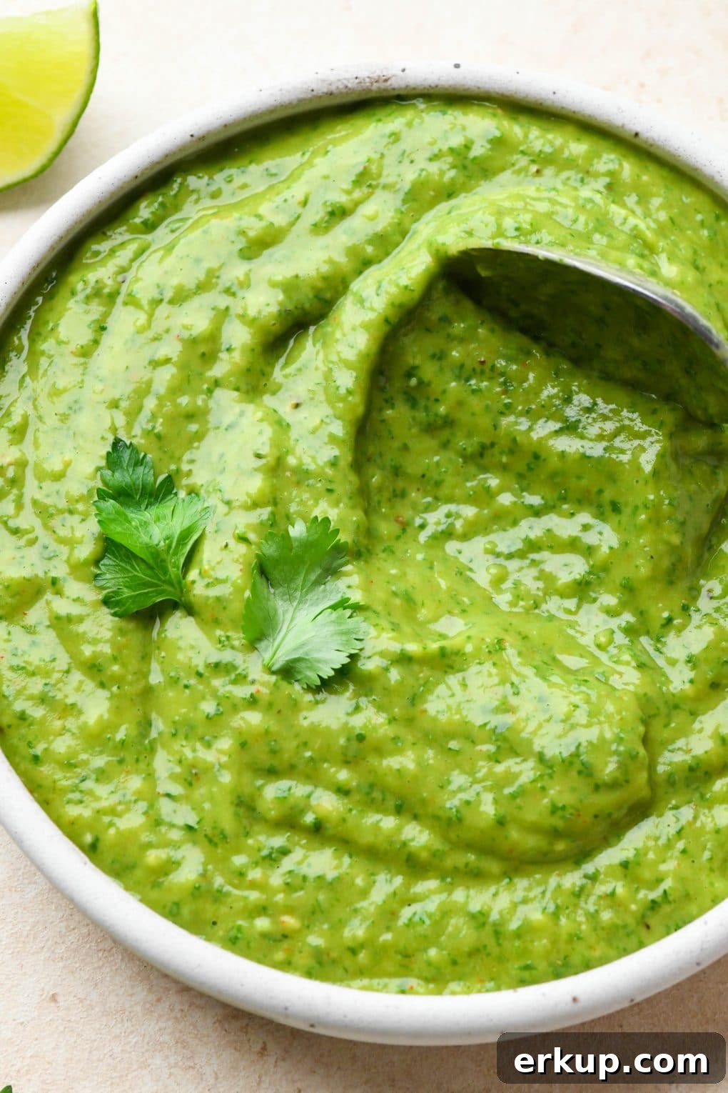 Close up shot of a spoon dipping into a shallow bowl of green sauce to show the texture.
