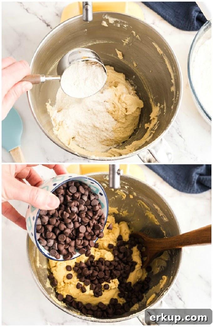 Soft and Chewy Chocolate Chip Pudding Cookies 3 adding chocolate chips to cookie dough