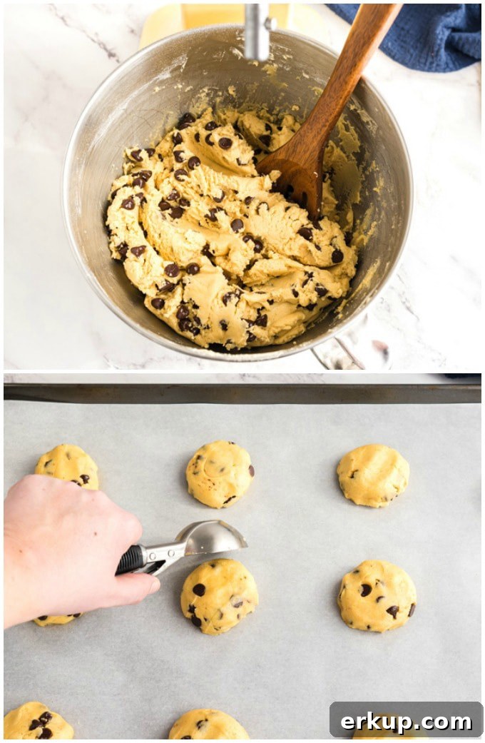 Soft and Chewy Chocolate Chip Pudding Cookies 4 placing cookie dough on baking sheets
