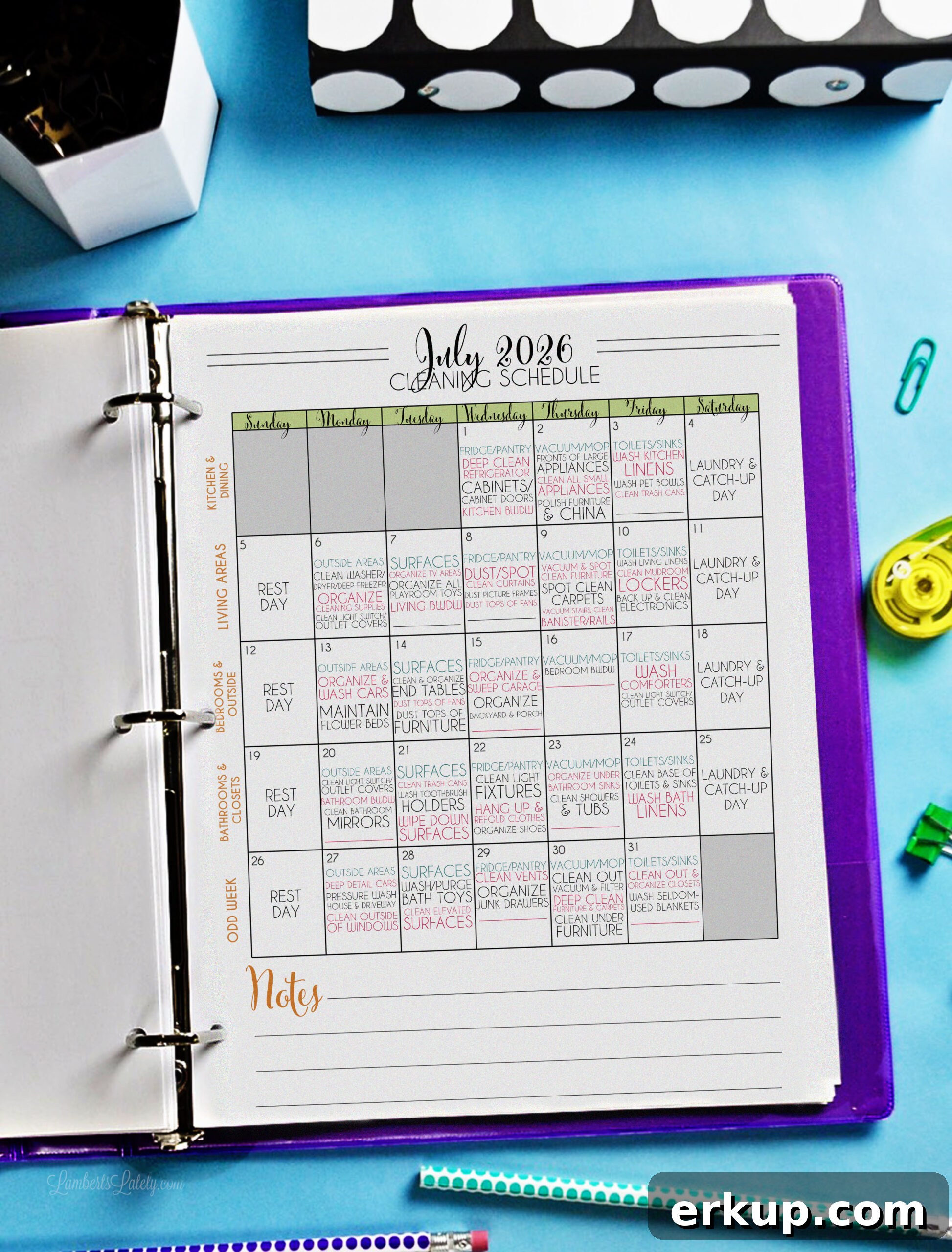 cleaning schedule printable in a notebook.