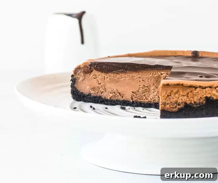 triple chocolate cheesecake on a cake stand with two slices taken out of it