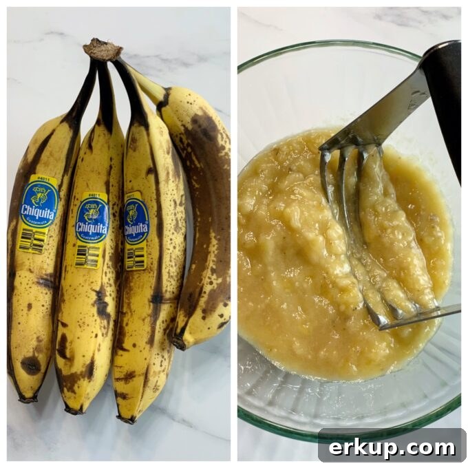 Ripe bananas being mashed for Chocolate Chip Banana Bread.