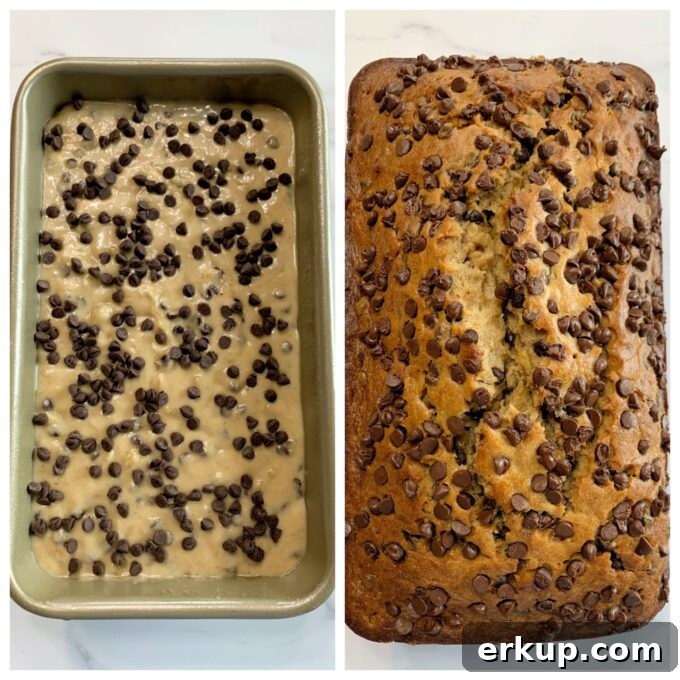 A loaf of Chocolate Chip Banana Bread before and after being baked.