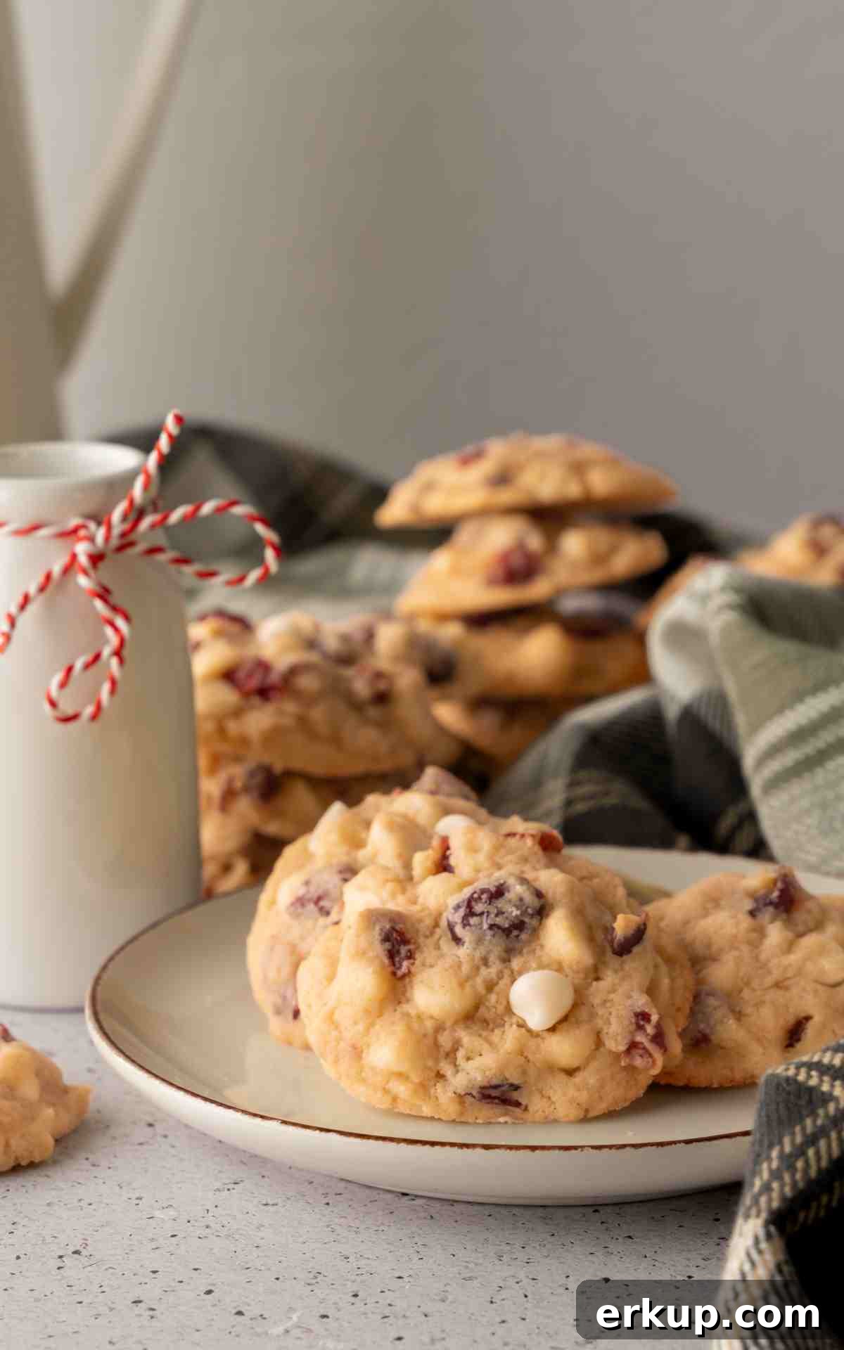 A plate with three white cranberry cookies with a mug of milk.