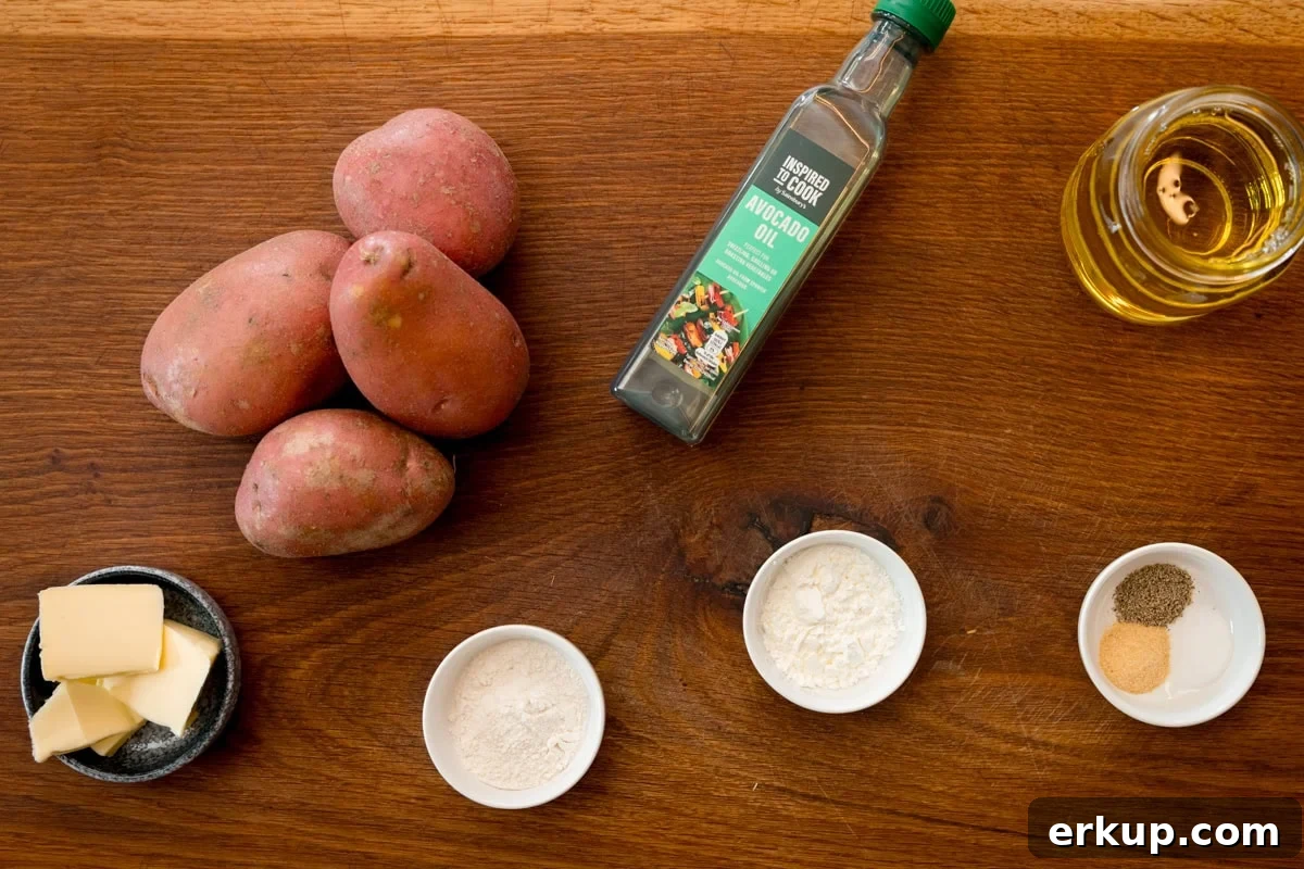 Crispy Homemade Hash Browns Recipe 3 Overhead shot of ingredients for making homemade hash browns on a wooden board.