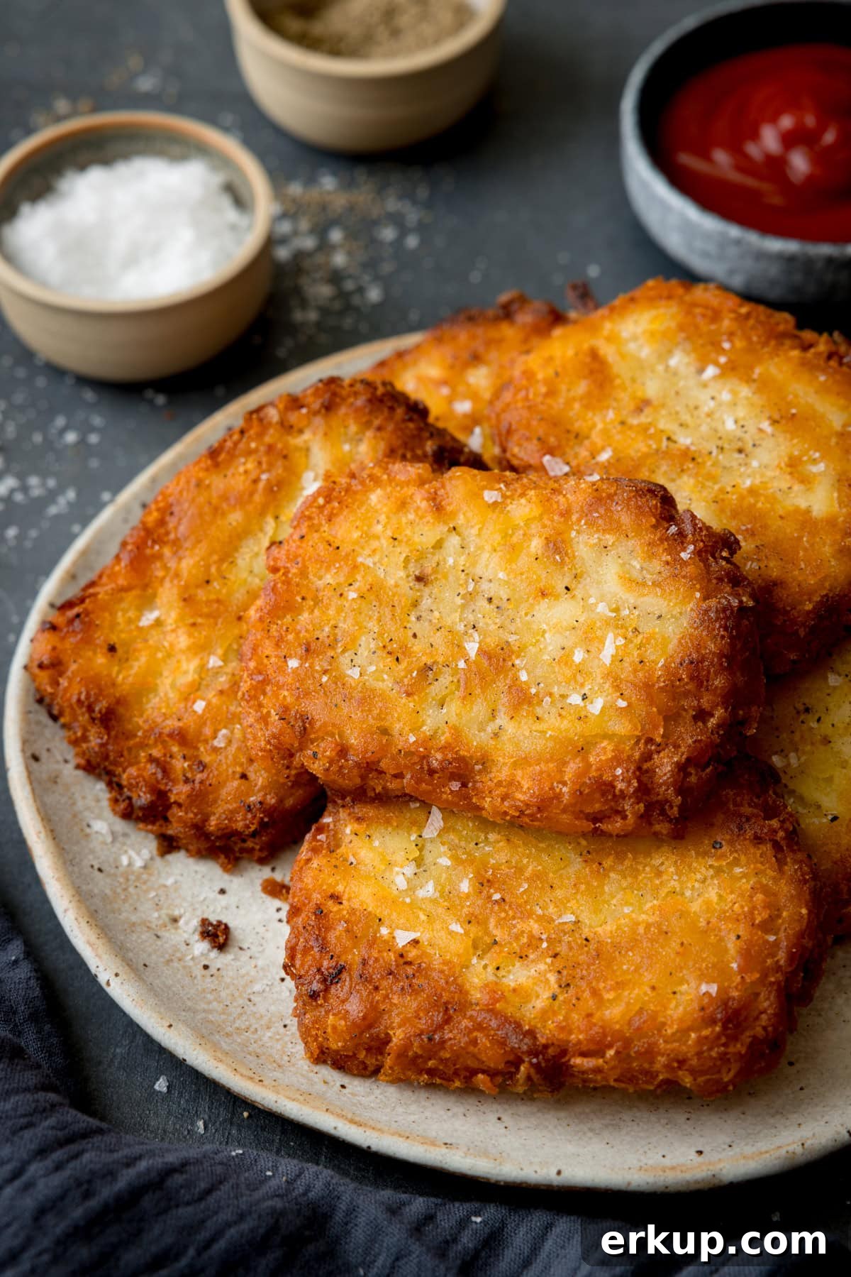 Crispy Homemade Hash Browns Recipe 4 A tall shot of six hash browns in a small pile on top of a white plate. In the top left of the image, there is a light brown dish filled with sea salt. In the bottom left of the image, you can slightly see a dark blue napkin. In the top right-hand side of the image, there is a dark blue dish filled with ketchup, and to the left of that, there is a light brown dish filled with ground pepper. This is all set on a navy blue background.
