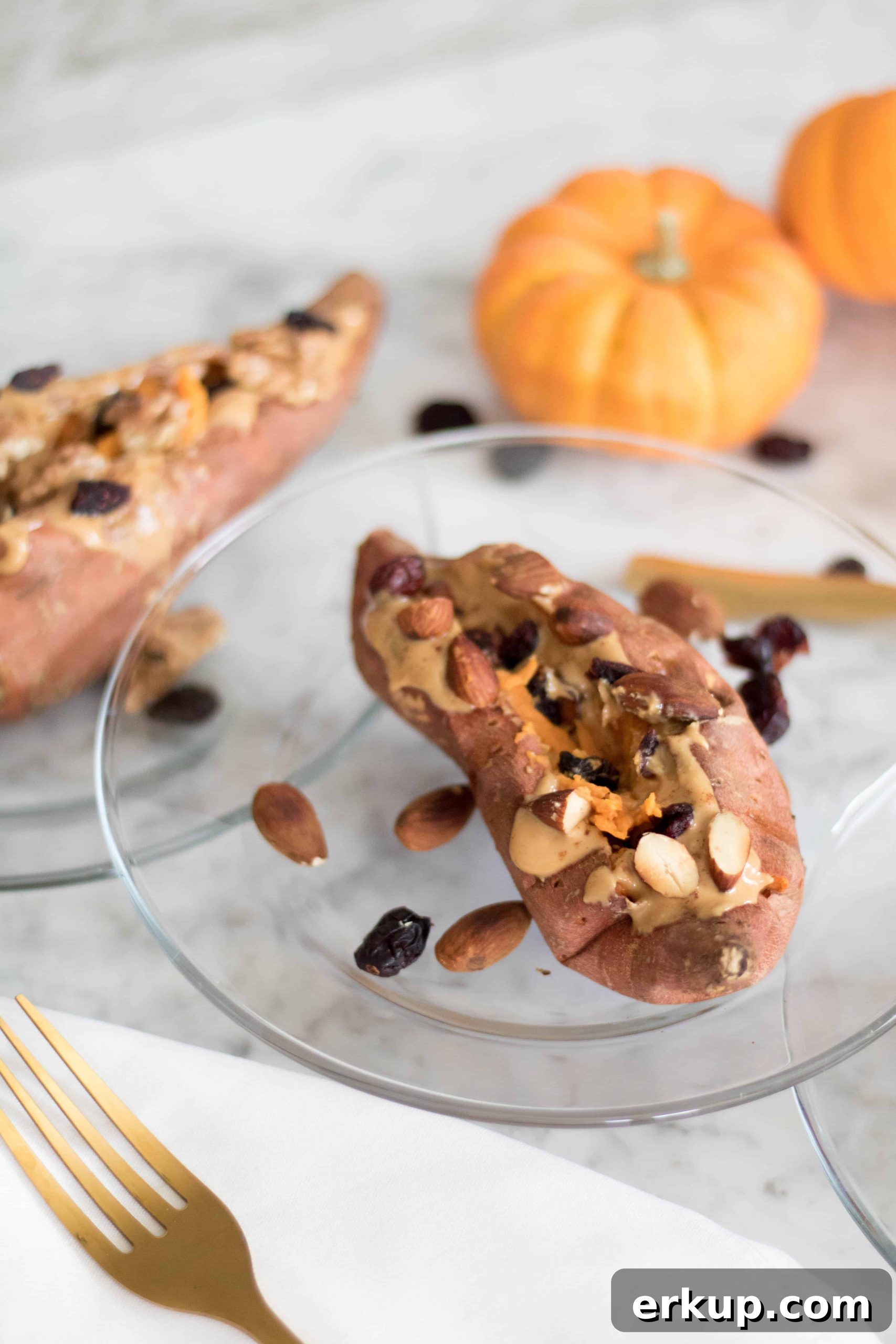 Fall Stuffed Sweet Potatoes with Maple, Pecans and Cranberries 3 45 degree angle shot of breakfast food using sweet potatoes