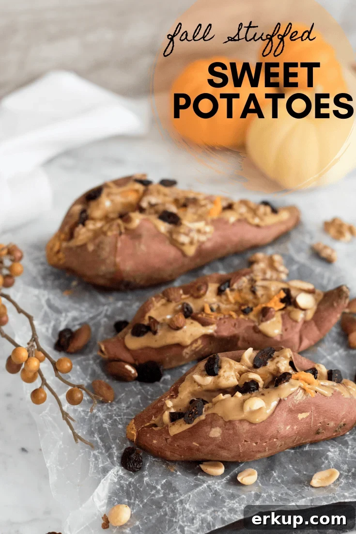 Fall Stuffed Sweet Potatoes with Maple, Pecans and Cranberries 7 Fall stuffed sweet potatoes written at the corner of