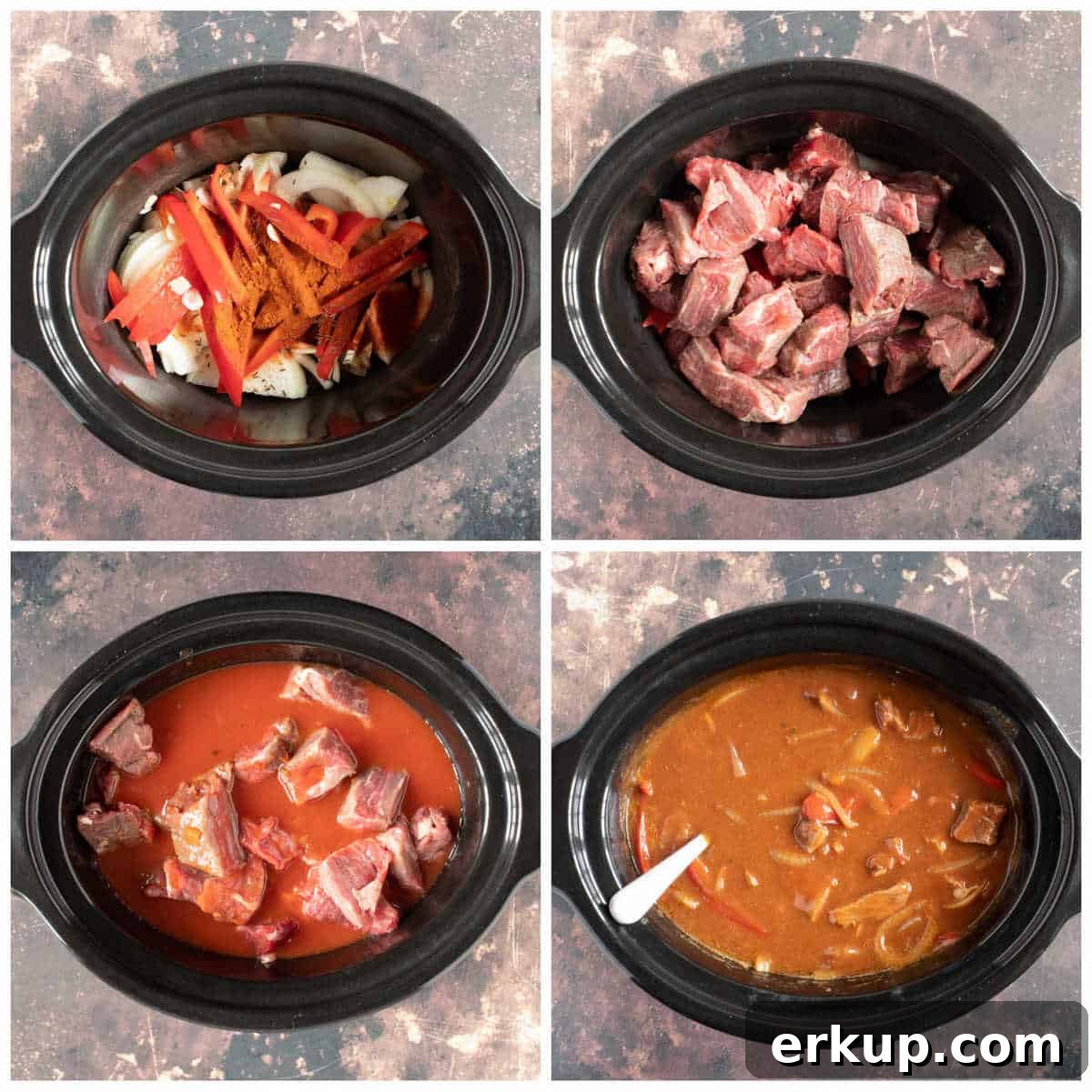 Slow Cooker Hungarian Beef Goulash with Paprika 3 Slow cooker beef goulash in a slow cooker.