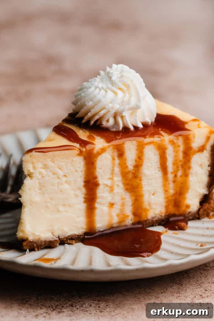 A slice of caramel cheesecake topped with a piped swirl of whipped cream.