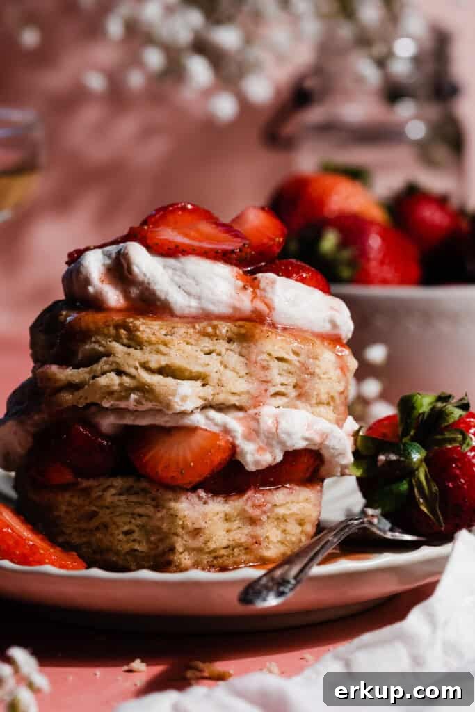 Whipped cream being used in a beautiful strawberry shortcake.