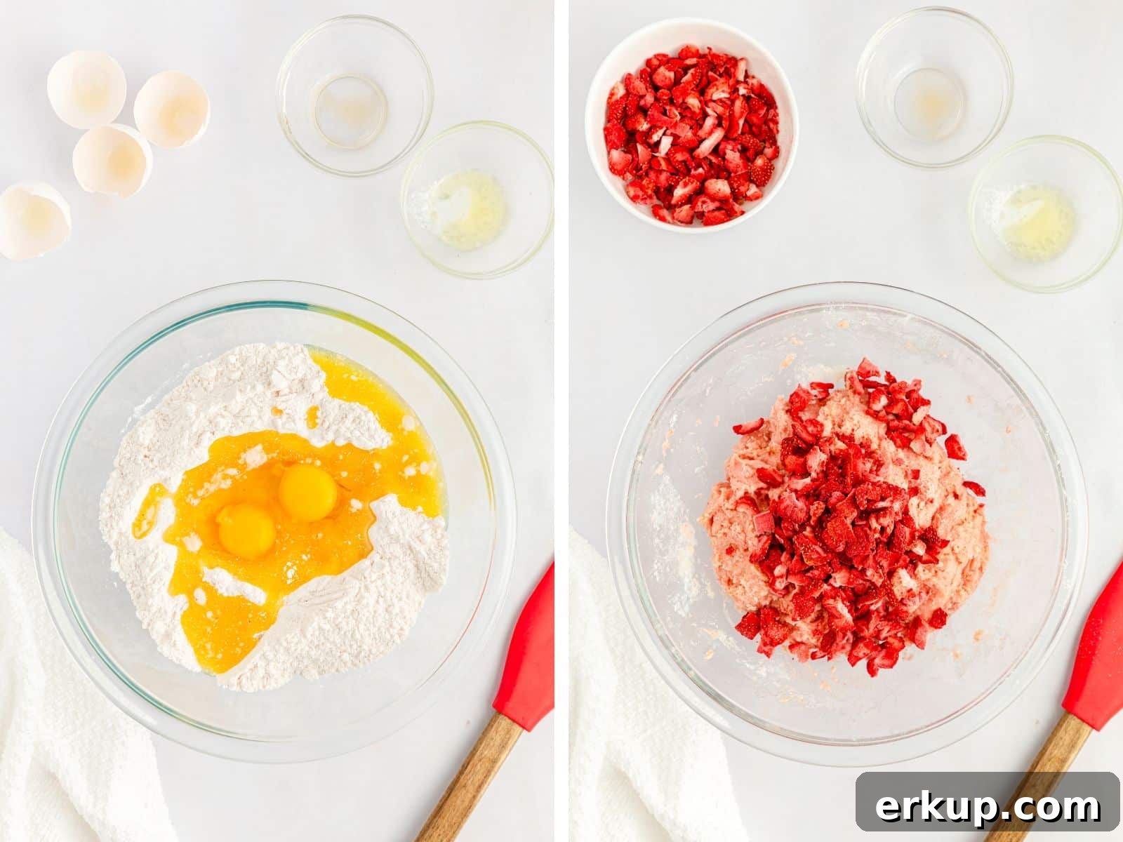 Homemade Strawberry Cake Mix Cookies 4 process pics of strawberry cake mix batter in glass bowls