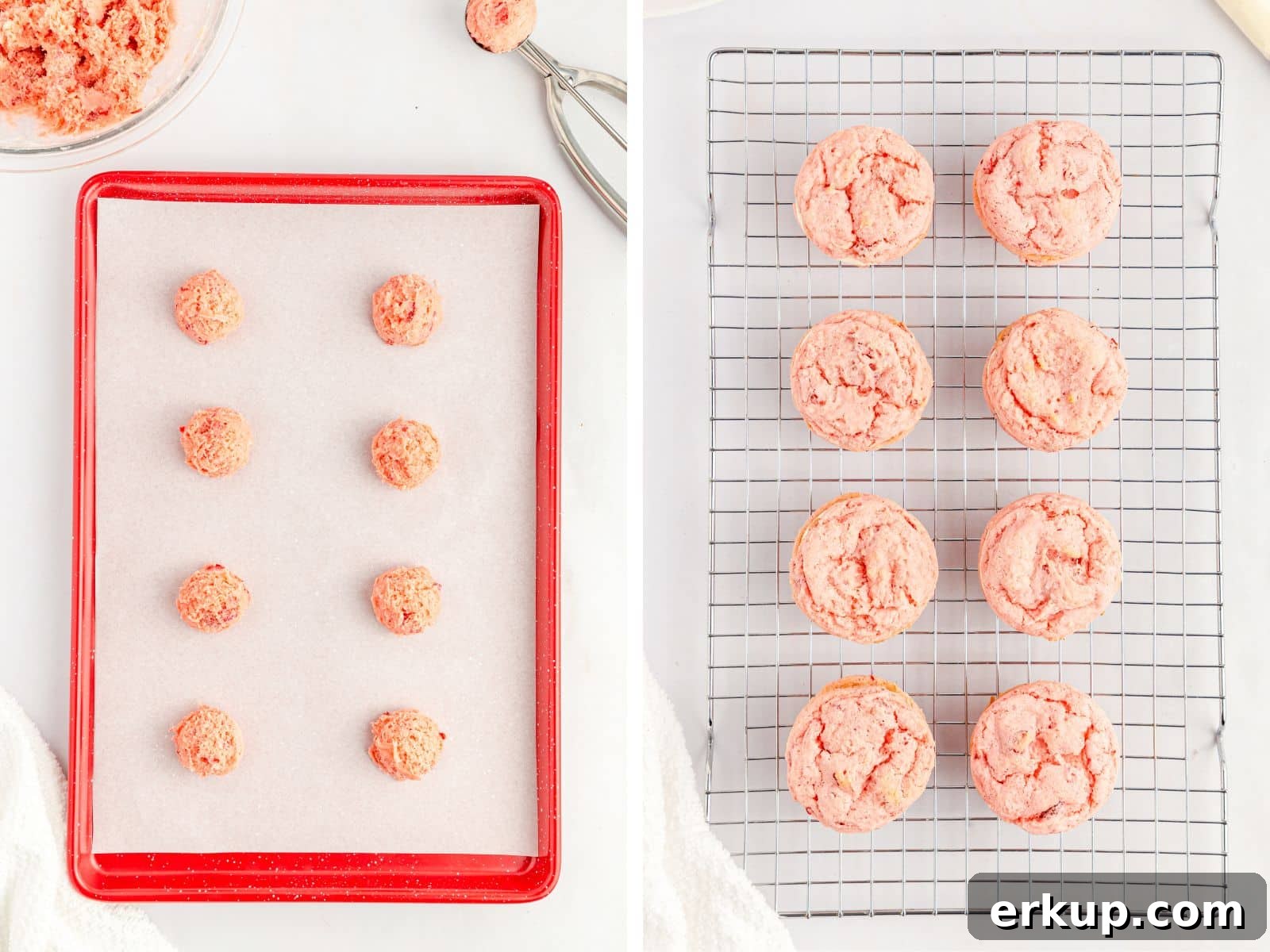 Homemade Strawberry Cake Mix Cookies 5 strawberry cake mix cookie dough on baking sheet and cookies on wire cooling rack