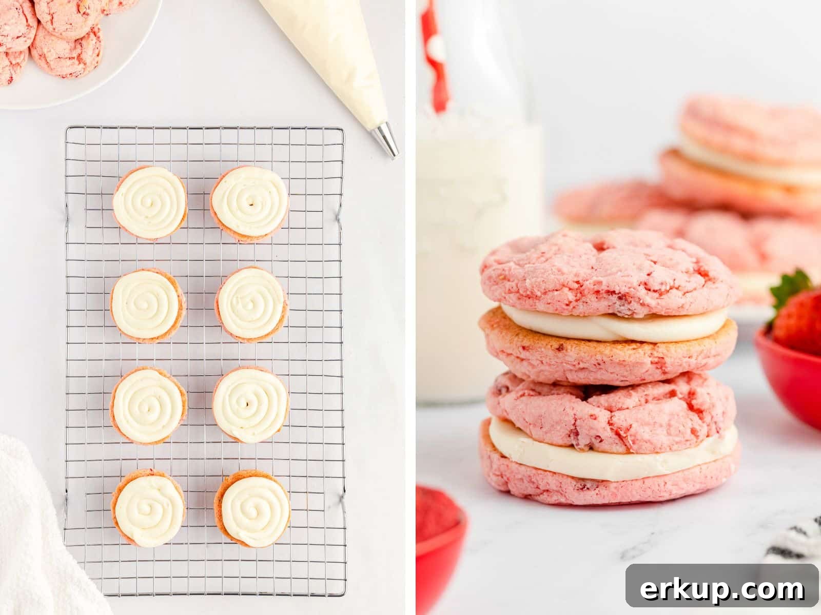 Homemade Strawberry Cake Mix Cookies 7 strawberrry sandwich cookie with icing on wire rack then stacked