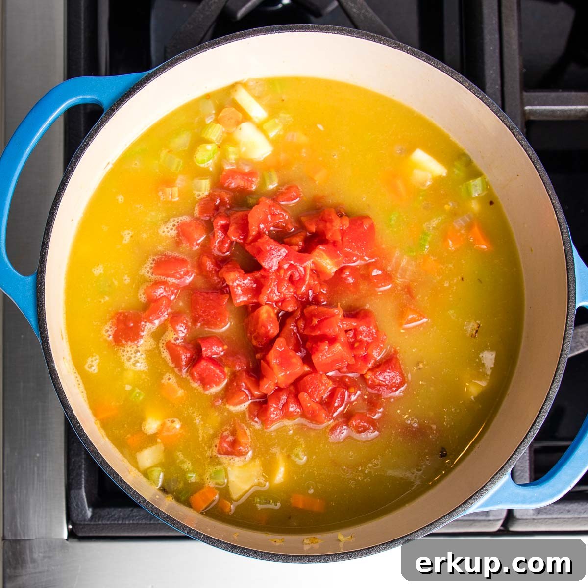 Dutch oven with soup, including chopped tomatoes and chunky vegetables.