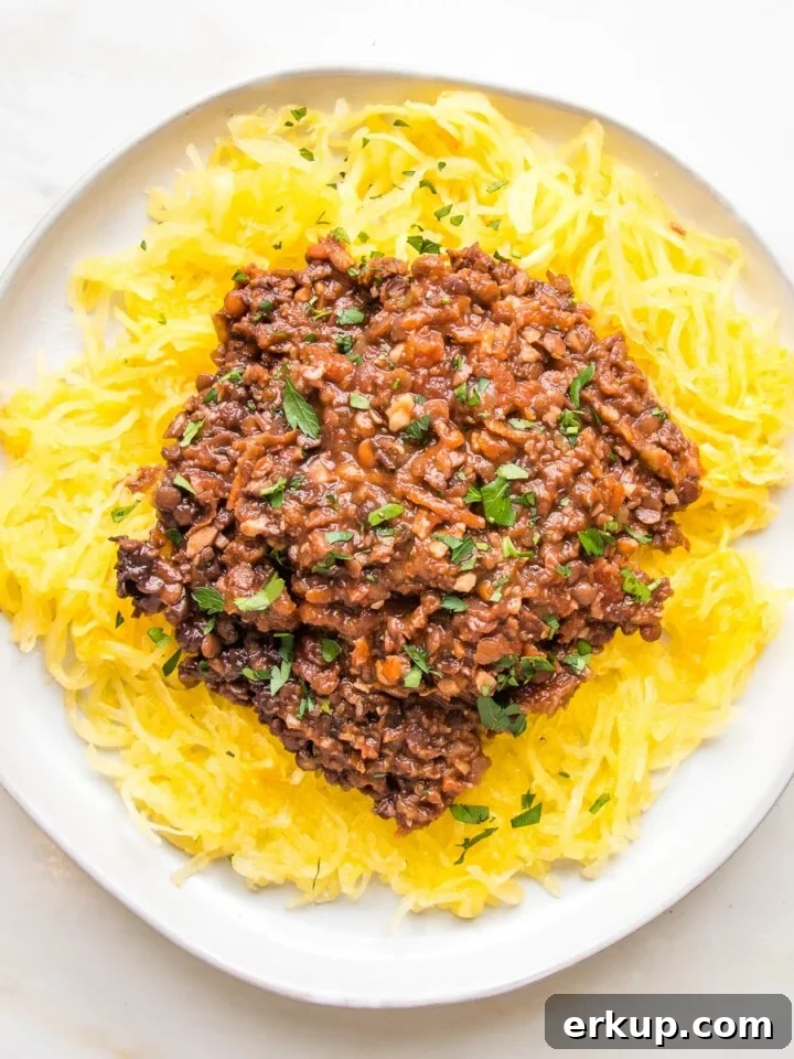 Spaghetti squash with vegan bolognese.