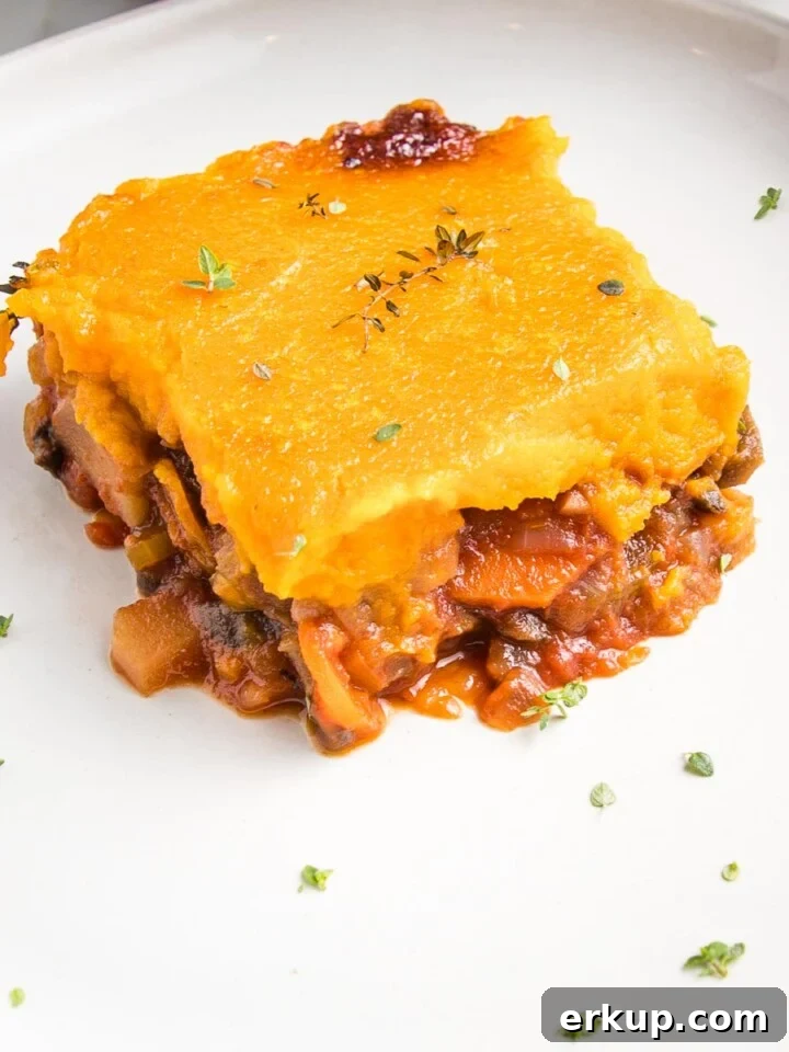 Vegan shepherd's pie with sweet potato mash.