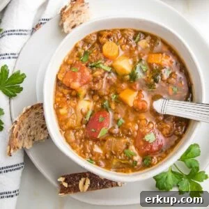 White bowl filled with lentil soup with chunks of carrots, tomatoes and parsnips.