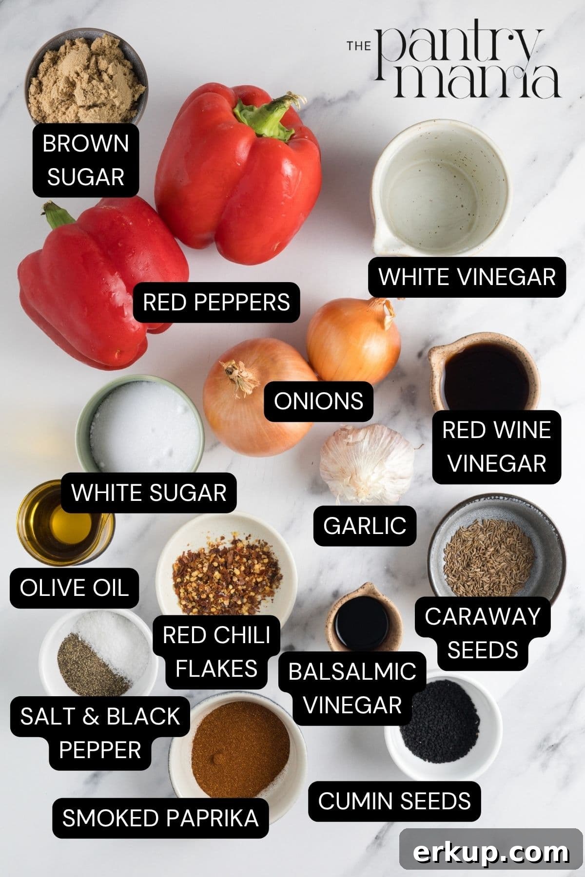 Homemade Sweet and Spicy Red Pepper Relish Recipe 4 Labeled ingredients on the counter to make red pepper relish.