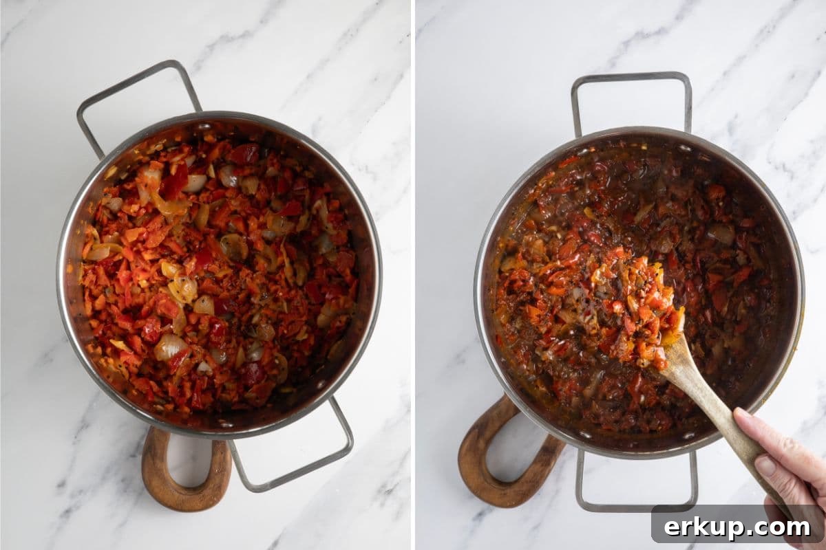 Homemade Sweet and Spicy Red Pepper Relish Recipe 6 Two photos to show red pepper relish simmering in a pot.