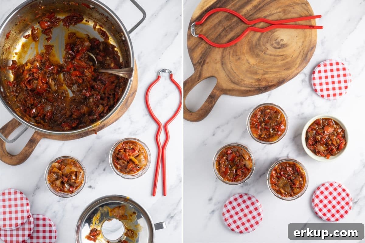 Homemade Sweet and Spicy Red Pepper Relish Recipe 7 Two photos to show funneling red pepper relish into storage jars.