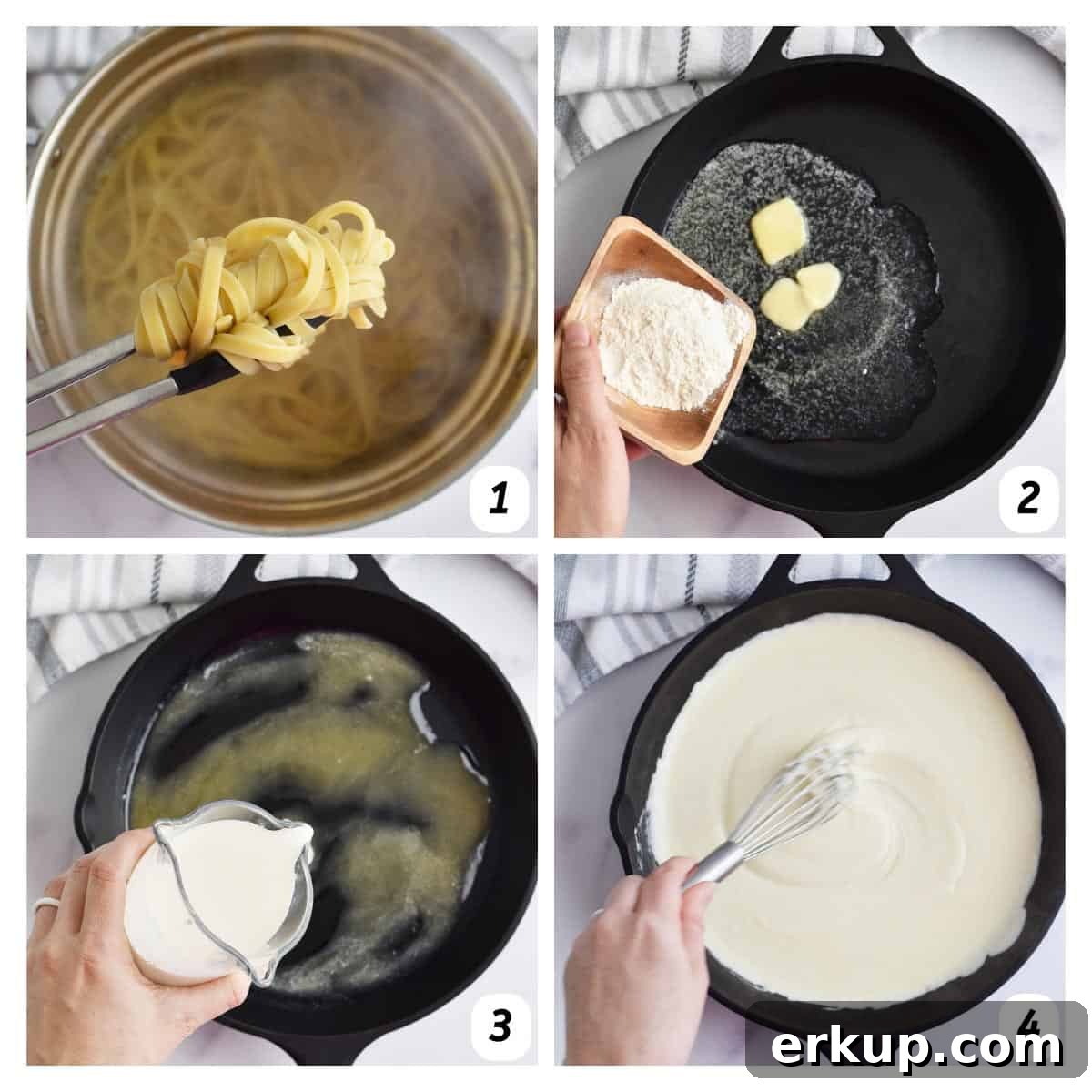 Overhead shot of process shots 1-4 - boiling pasta, and adding ingredients in a saucepan to make sauce.