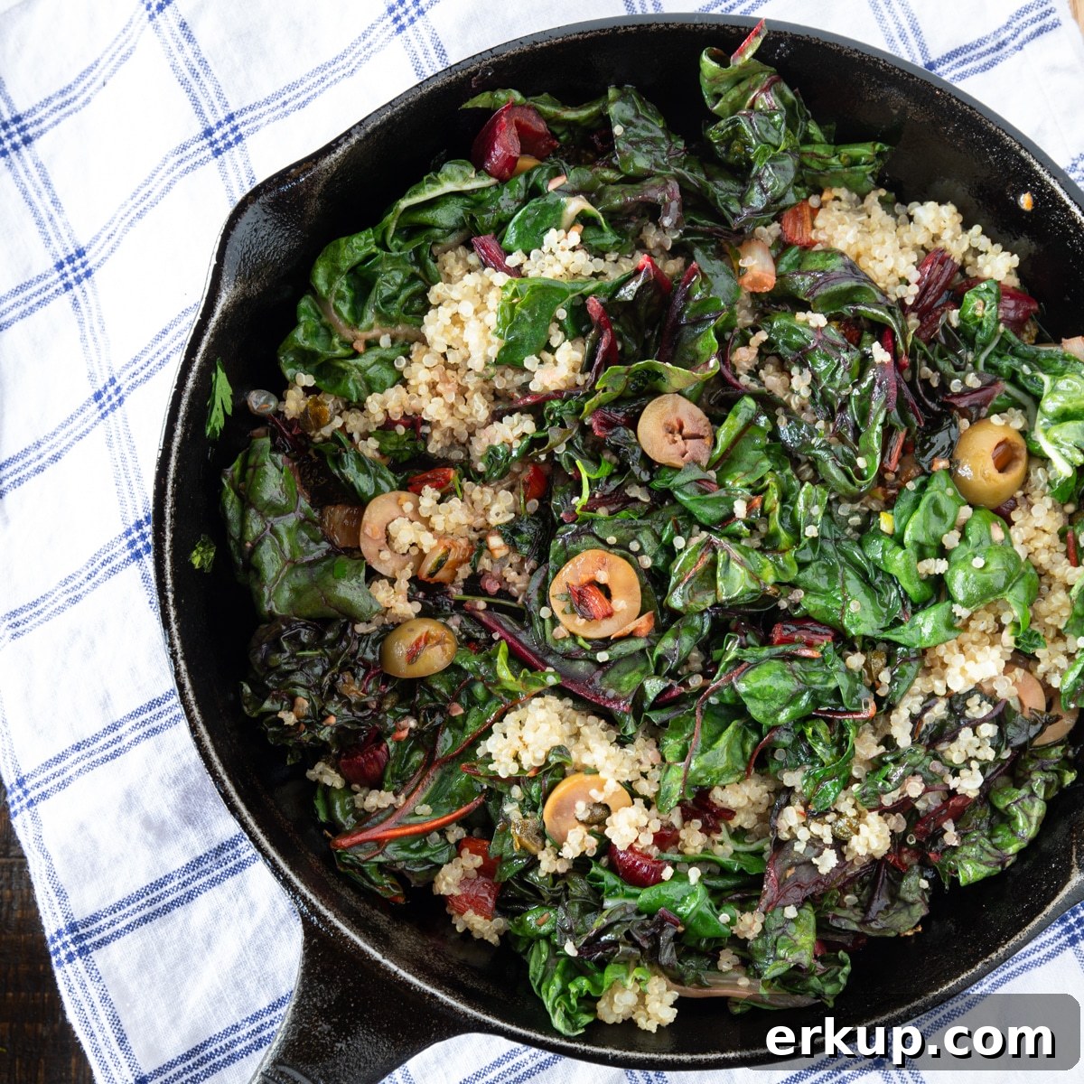 Week 5 Vegetarian Meal Plan for April 6 Skillet with lemony Swiss chard sautéed with quinoa, capers and olives