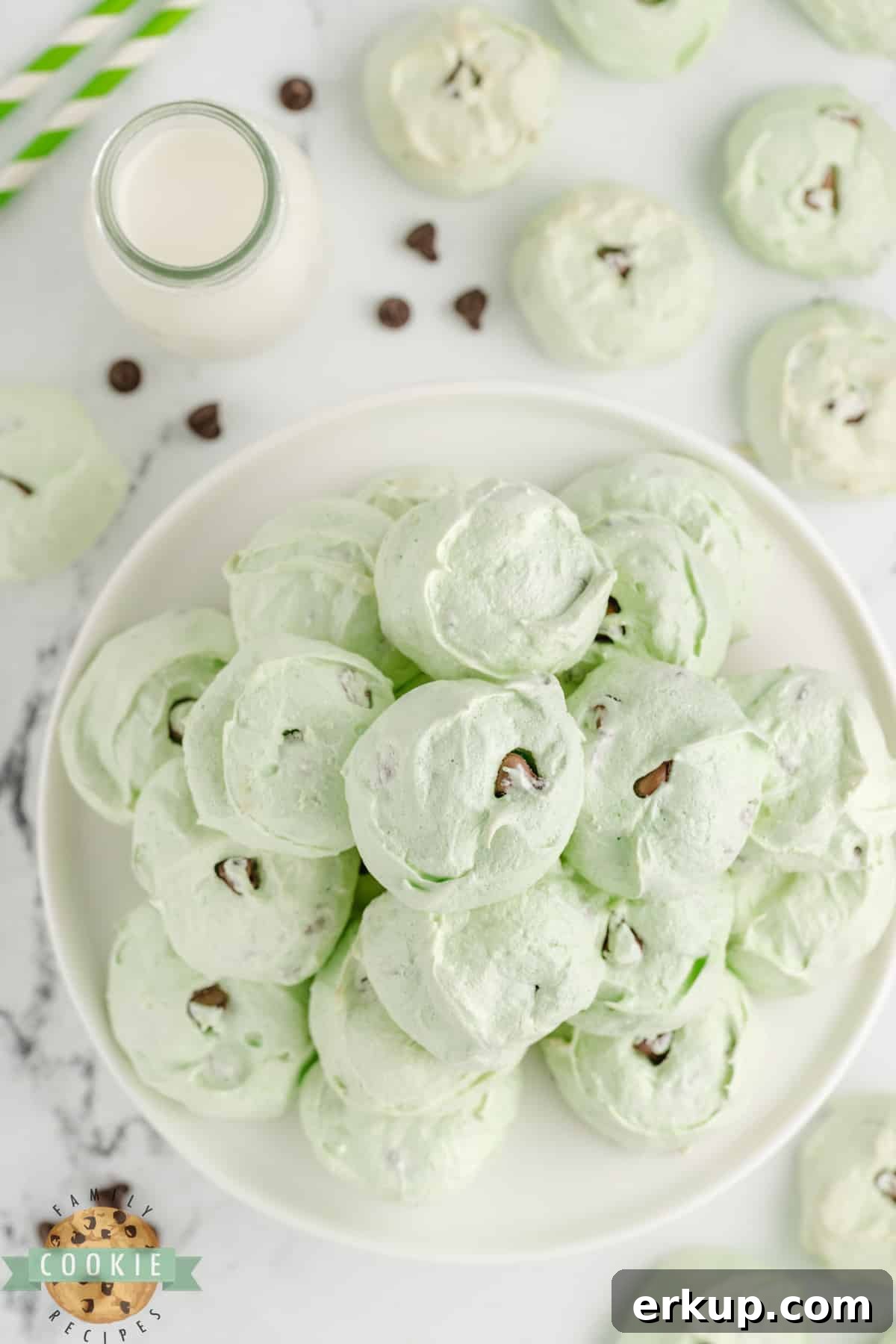 Mint Chocolate Chip Meringue Cookies 2 Mint Chocolate Chip Meringue Cookies are light, a little bit crunchy, and packed with mint flavor. Add some chocolate chips to make unique cookies that look as good as they taste!